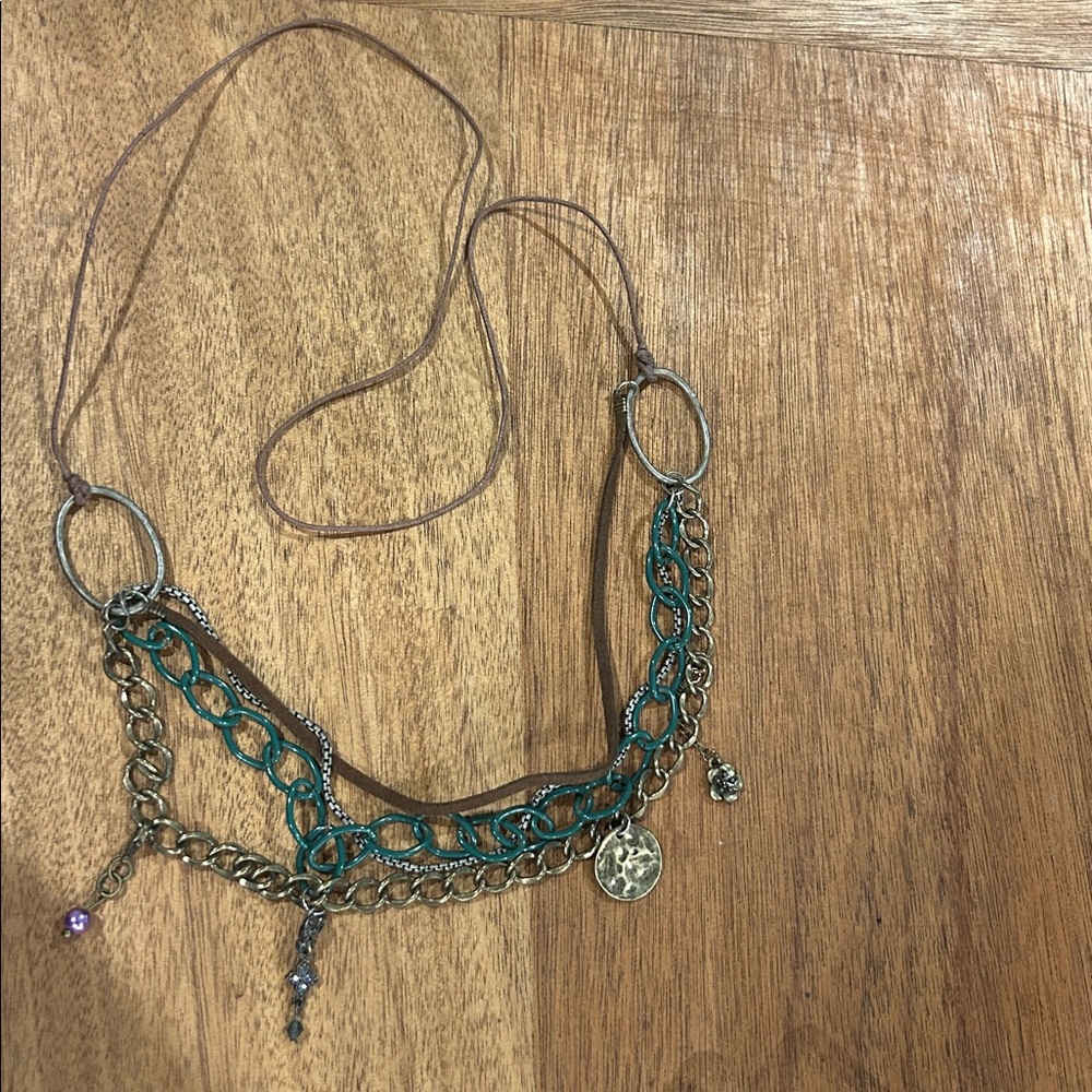 Bohemian Vintage Chain and Leather Necklace with Charms Hippie Boho Chic